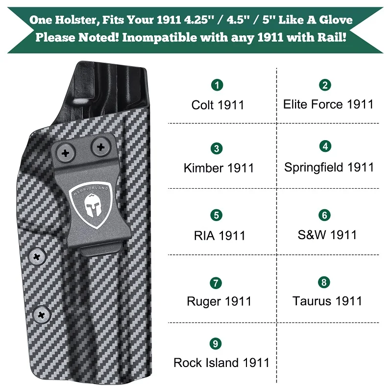 Funda 1911, IWB Kydex Holster Fit 1911 5 ''sin Riel, Colt/Kimber/Springfield/S & W/Ruger/Taurus/Rock Island y más 1911 pistolas