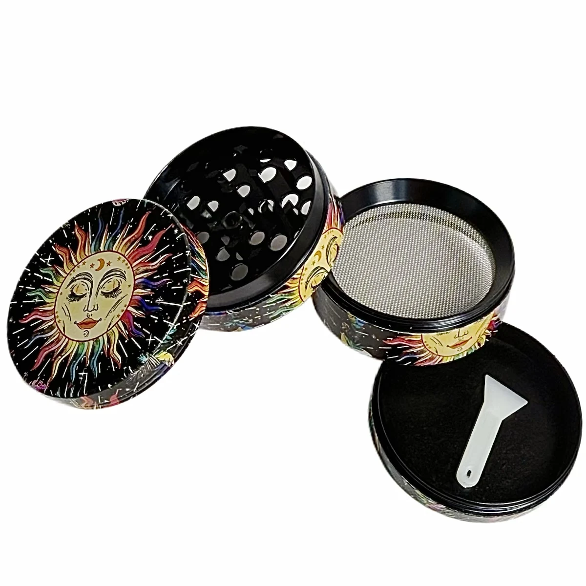 2inch5cm Colorful Sun Face 4-Layers Herb Grinder Zinc Alloy Crusher Metal Manual Raw Cutter Grass Grinder Smoking Tool Gift view 6