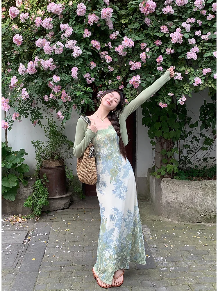 Yao Flower-Conjunto de vestido largo adelgazante para mujer, traje elegante de estilo francés Retro, alta elasticidad, Medio Verano