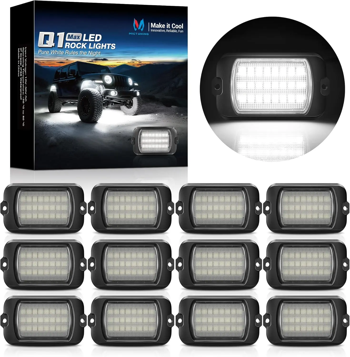 

MICTUNING Q1 MAX White Rock Lights, 12-струйный подсвет, совместимый с внедорожниками 12 В/24 В, грузовиками, квадроциклами, водонепроницаемыми IP68