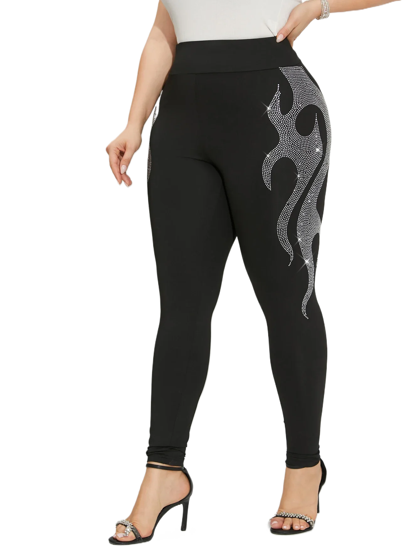 Plus Size Women's Leggings Rhinestone Flame Design Knit Fabric High Elasticity Trousers Comfortable Stylish Female Bottoms