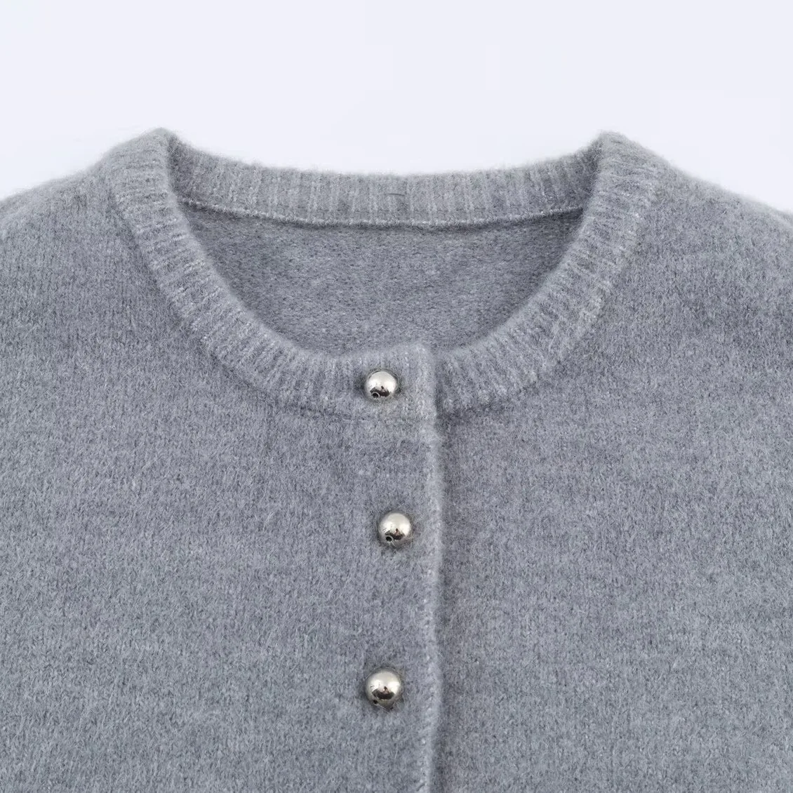 سترة نسائية محبوكة على الموضة للخريف/الشتاء مع أزرار كروية ورقبة دائرية وأكمام طويلة سترة دافئة واحدة الصدر #3