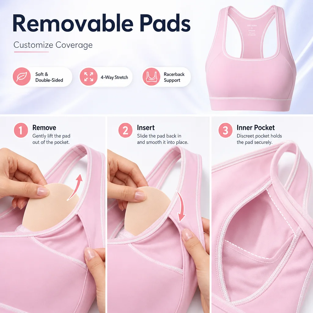 Women's Racerback Sports Bra, Brushed Nylon 4-Way Stretch Soft Gym Crop Top, Contrast Stitching Removable Pads Yoga Activewear,