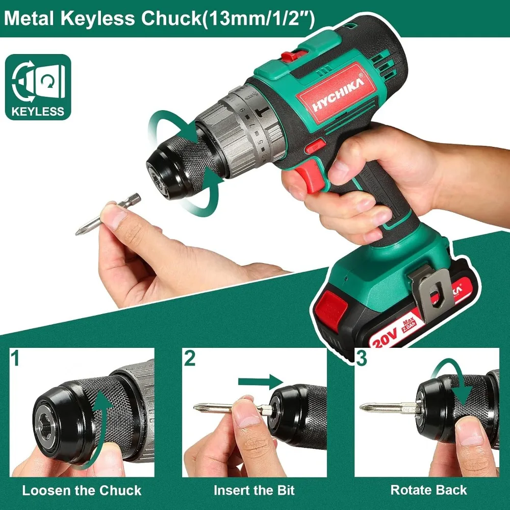 20V High-Torque Cordless Drill with Brushless Motor, 530 In-Lbs Torque, 2.0Ah Battery, Fast Charger, 24 Torque Settings, 1/2 Inc