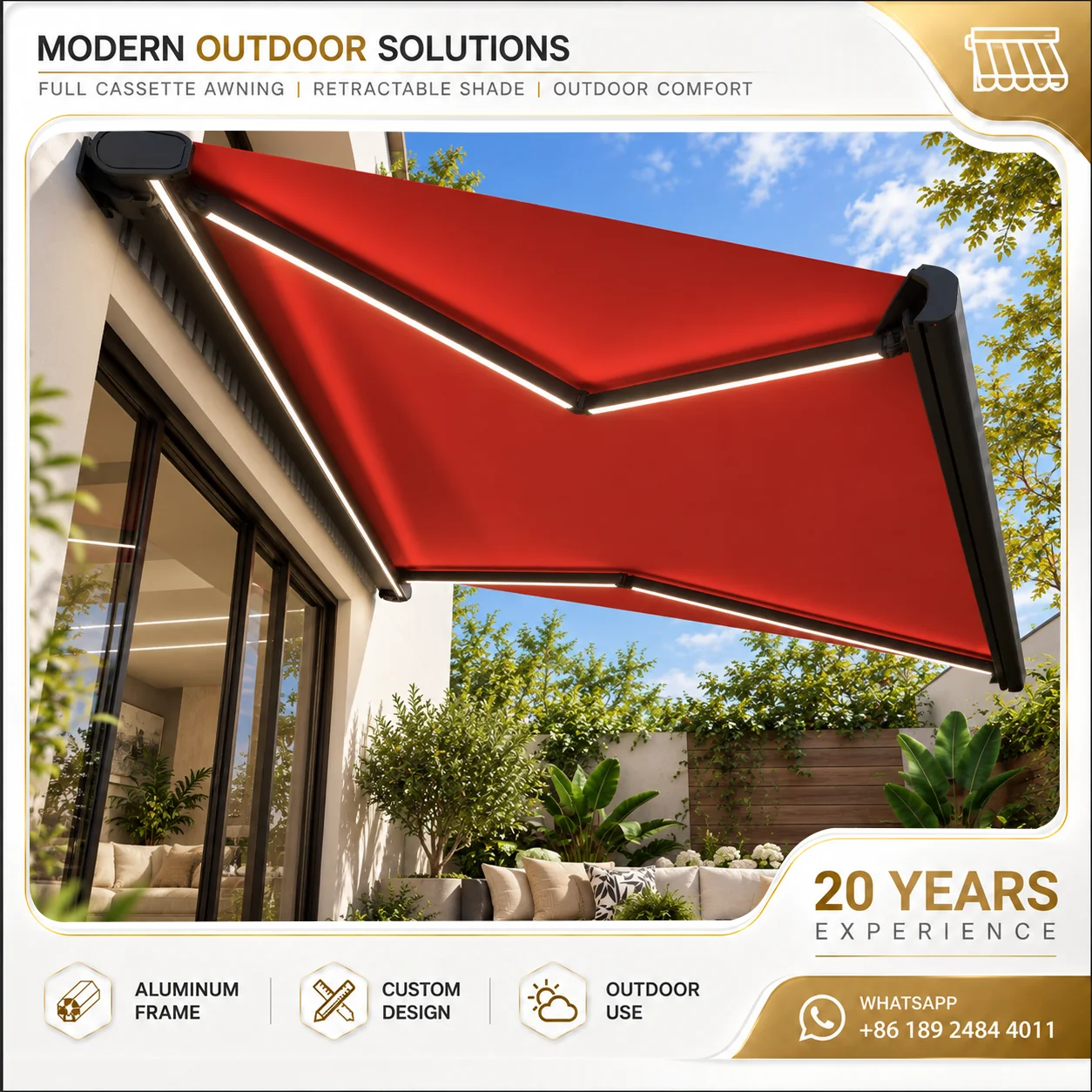 Electric Aluminum Full Cassette Awning Waterproof Retractable Acrylic Canopy LED Light Sunshade for Patio Balcony Terrace