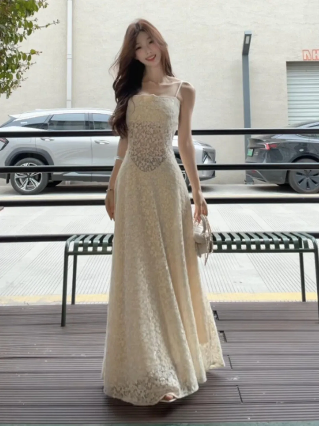 

Gentle Wind Beautiful Lace Waist-Cinching Slimming Strap Dress Unique Summer Fashion High Waist Polymide Fiber Non-fading