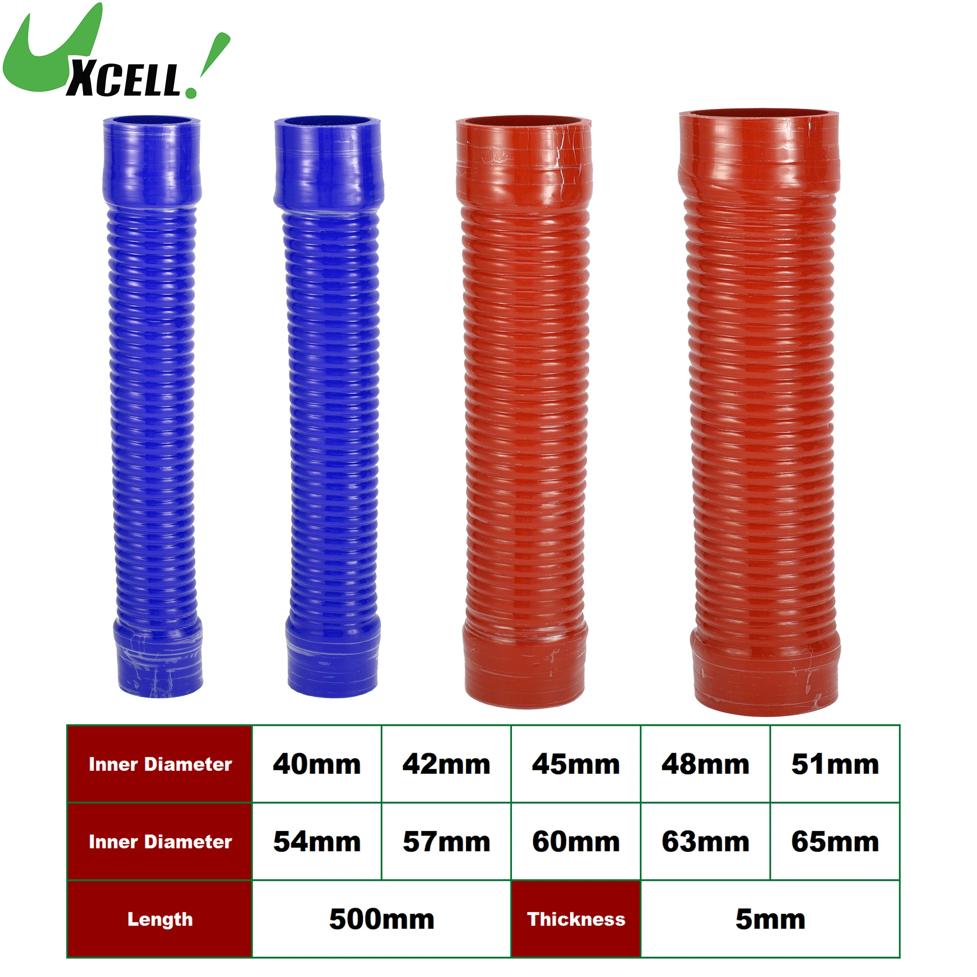 

UXCELL 40/42/45/48/51/54/57/60/63/65mm ID Car Silicone Corrugated Pipe Threaded Hose Inlet Outlet Joint Hose 500mm Long Blue Red