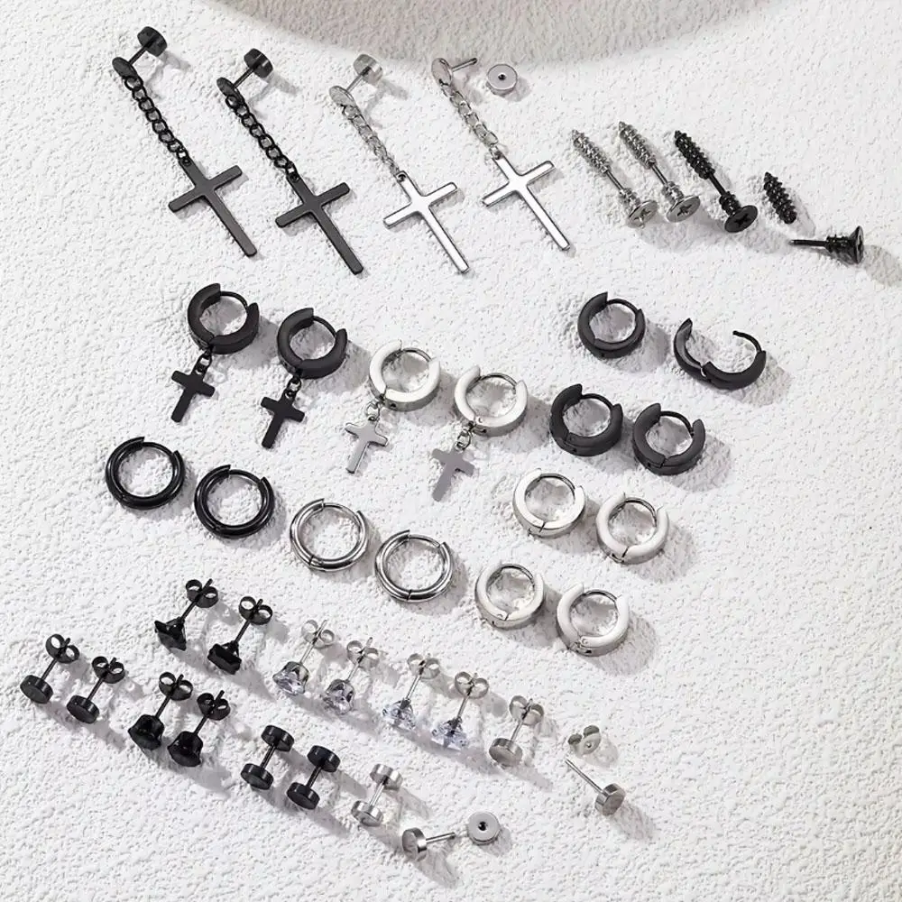 1/20Pairs Fashion Retro Stainless Steel Earring Set Cubic Zirconia Tragus Ear Cartilage Hypoallergenic Body Piercing Jewelry