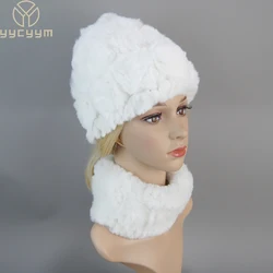 Hot Sale New Women Winter Fur Hat Scarf Sets Natural Warm Real Rex Rabbit Fur Cap Scarves Lady Knitted Genuine Fur Hats Muffler