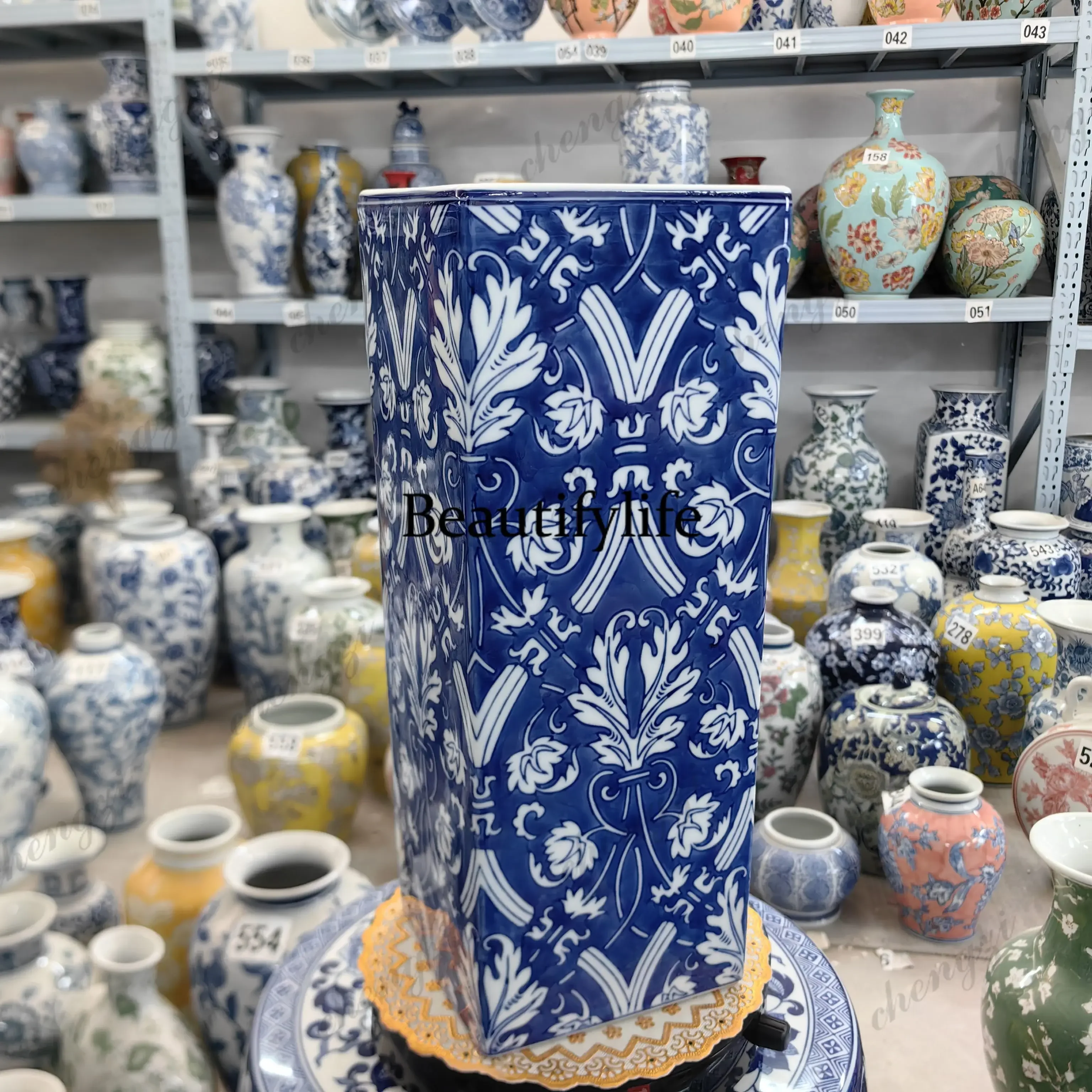 B56 Blue background square vase can be arranged with flowers, hydroponic porch Bogu frame, living room ornament decoration