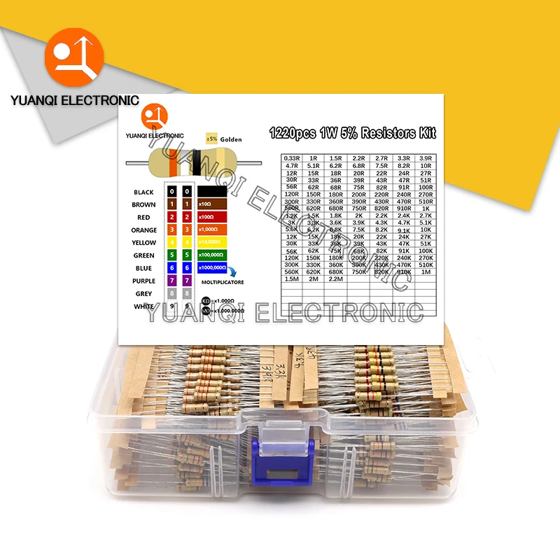 1220pcs 1W 122valuesX10pcs Carbon Film Resistor Kit 5% Resistance Assortment Set 0.33R - 2.2M ohm Sample Pack