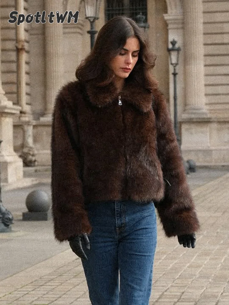 Women Olive Green Reversible Brown Fur Collar Cuff Zip Jackets Elegant Long Sleeve Fluffy Warm Coats 2026 Autumn Daily Outerwear