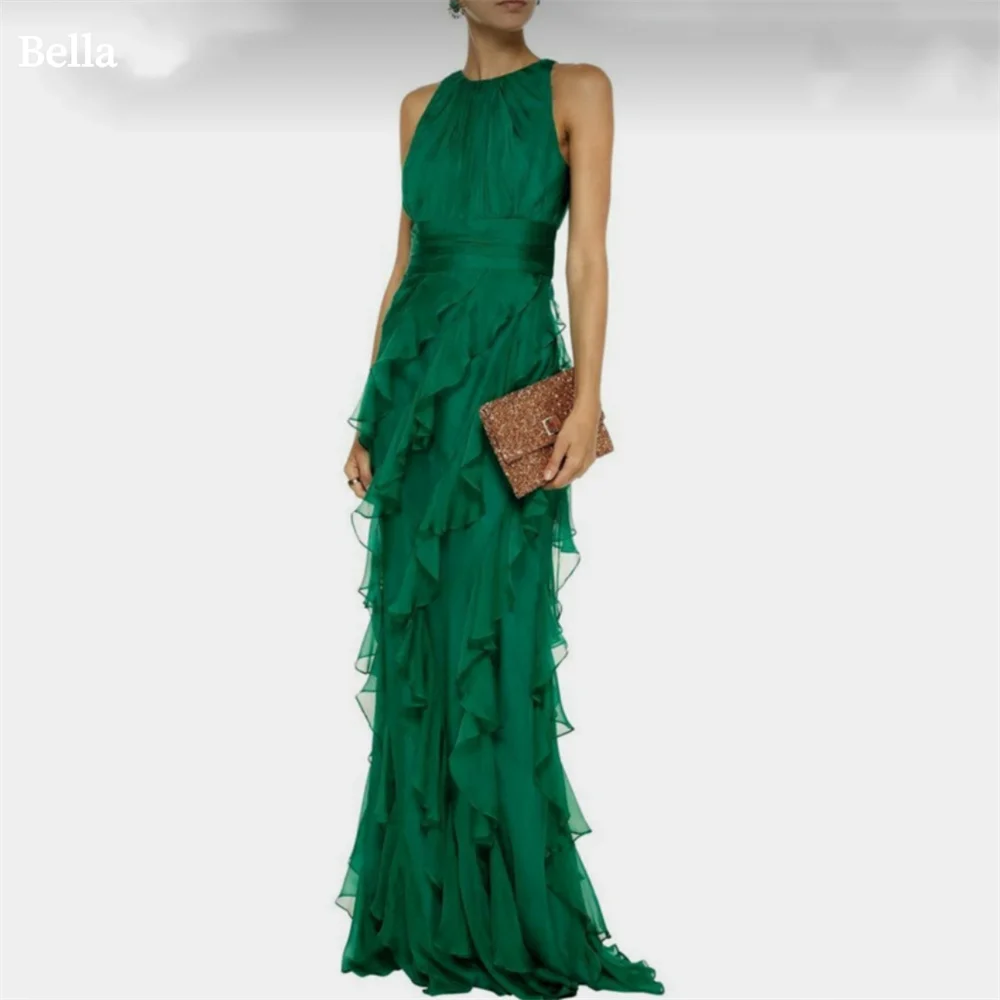 Bella Green Chiffon Prom Dresses O-Neck Edge Curl Mermaid Wedding Dress Customized Sleeveless Floor-Length Vestidos De Fiesta