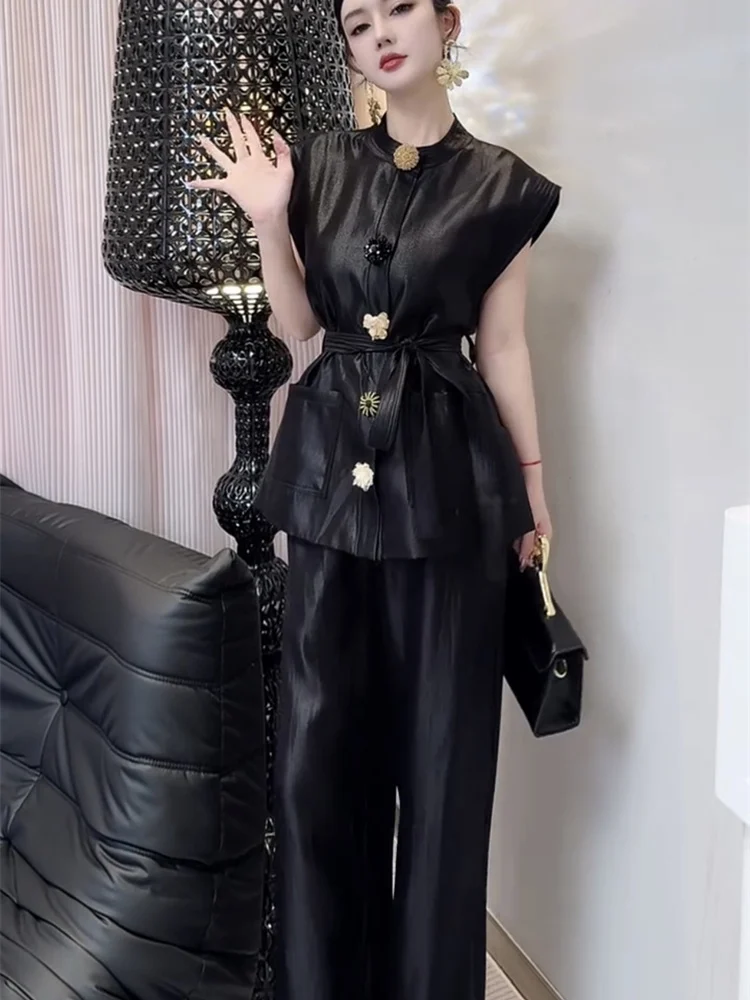 2025 Estate nuova moda sottile fascia alta leggera lusso industria pesante top camicia pantaloni casual dritti set per le donne