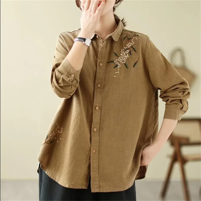 

Ретро-блузка для женщин из хлопка и конопли с вышивкой, цветочная рубашка с длинным рукавом, свободная женская блузка, скрывающая живот
