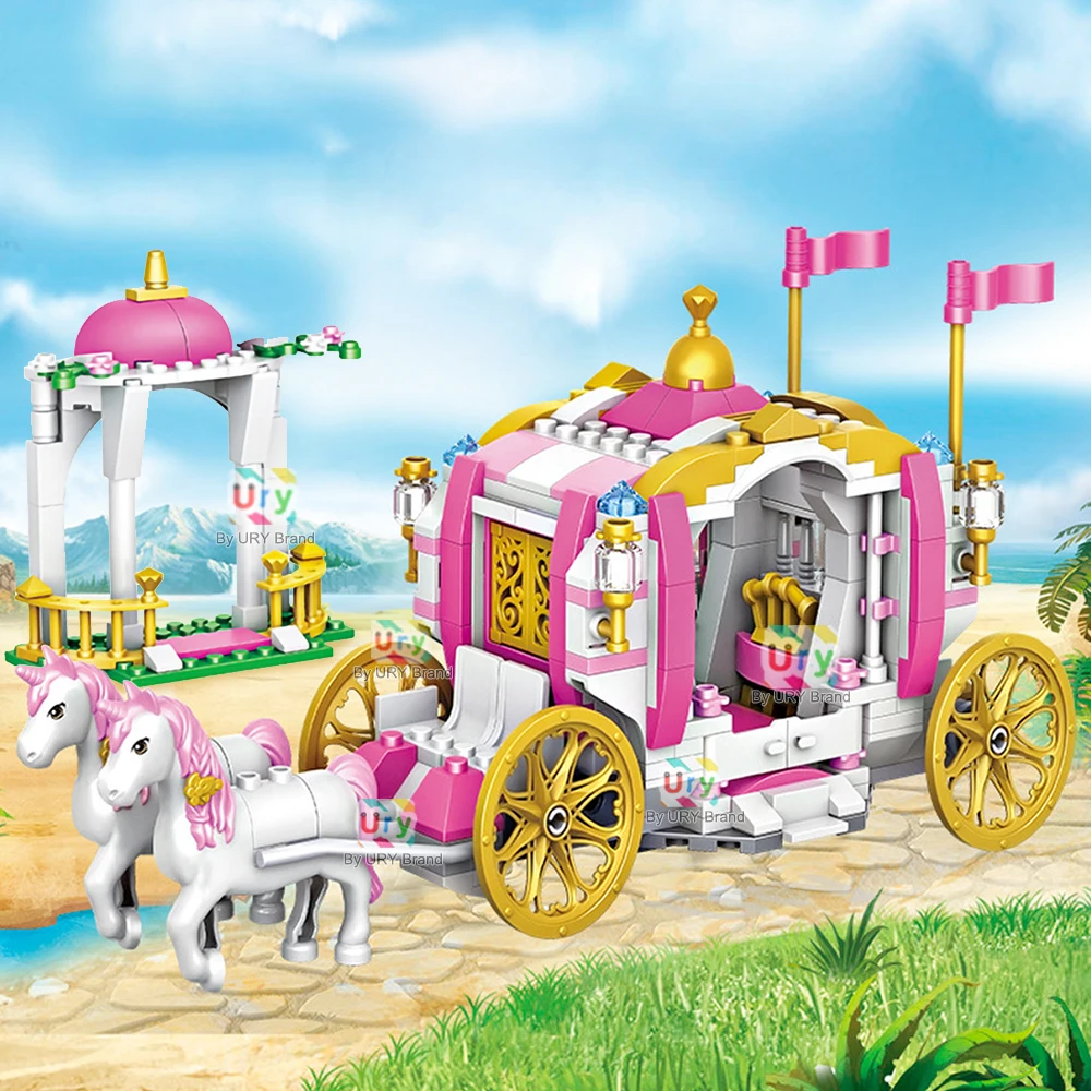 Meninas amigos luxo princesa real cavalo rosa transporte blocos de construção conjunto diy montagem brinquedos para crianças presentes aniversário criativo