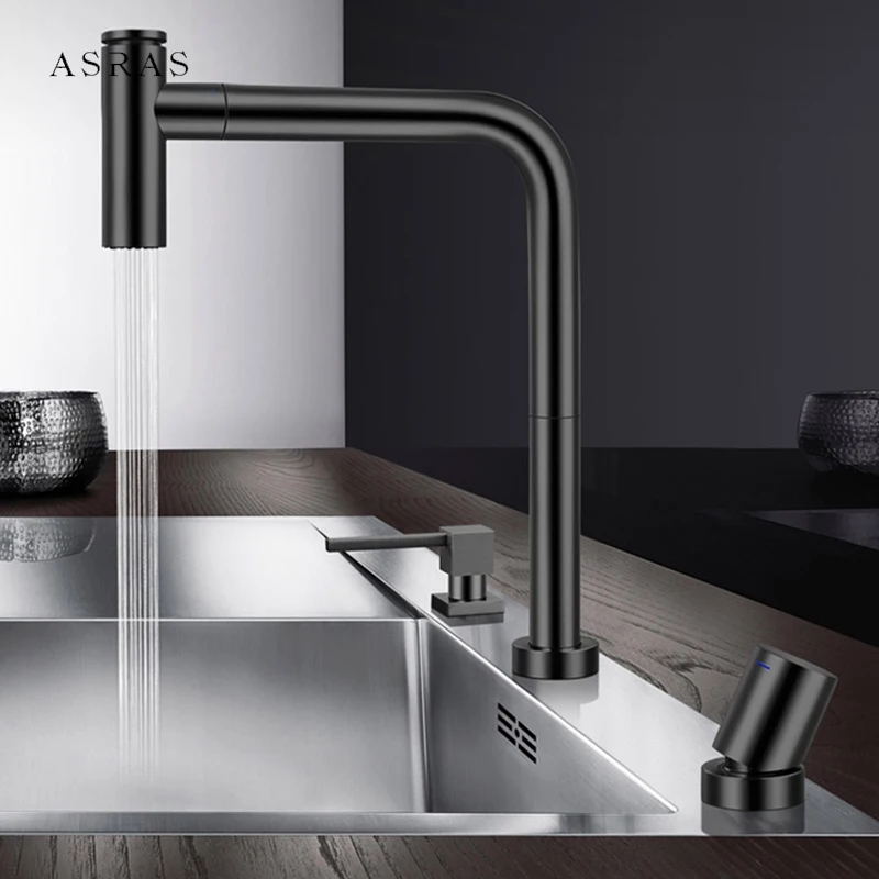 

ASRAS Black Kitchen Sink Faucet 304 Stainless Steel Independent Switch Hot And Cold Water Pull Out 360 Degree Kitchen Mixer Tap