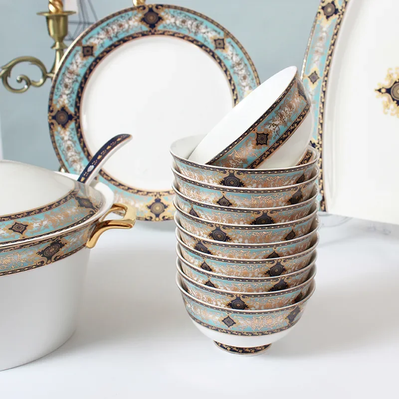 for Phnom Penh 46 Piece Bone China Dinnerware Set High Quality Ceramic Rice Bowl Plate Set for Home Hotel Table Use