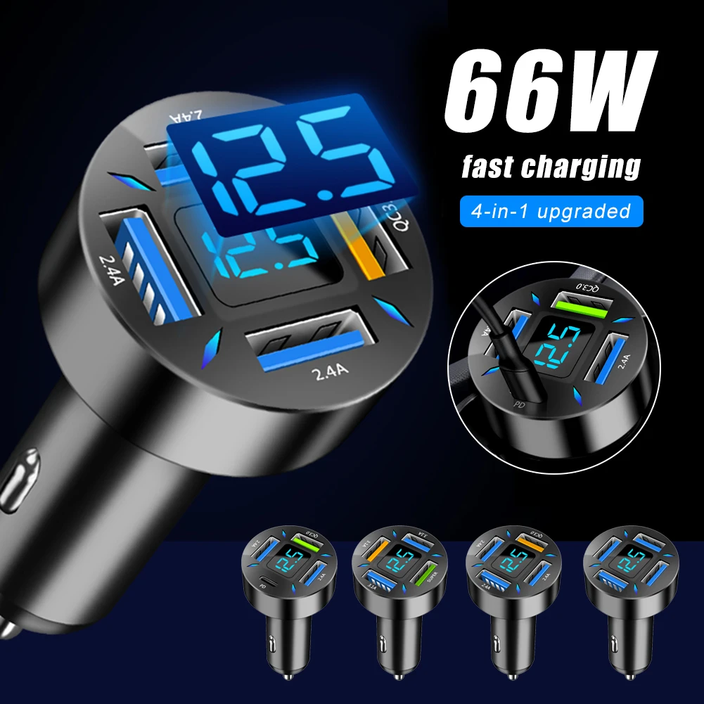 

Car Charger 66W PD Fast Charging Type-C 12V/24V 4 USB Ports Cigarette Lighter Adapter LED Voltmeter for Huawei Xiaomi iPhone