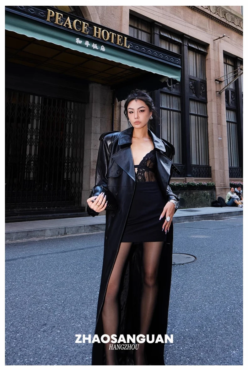Lautaro Spring Autumn Cool Extra Long Black Loose Pu Leather Trench Coat for Women with Shoulder Pads Belt European Fashion 2024