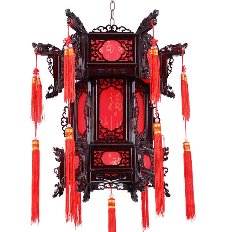 Solid wood palace lamp Chinese balcony bright red hexagonal sheepskin classical Spring Festival New Year chandelier pendant