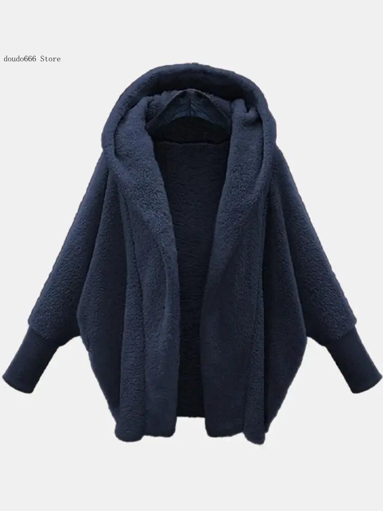 Winter Long-Sleeved Jacket Hooded Loose Plush Jacket Big Cardigan Women\'s Bat-Sleeved Clothing