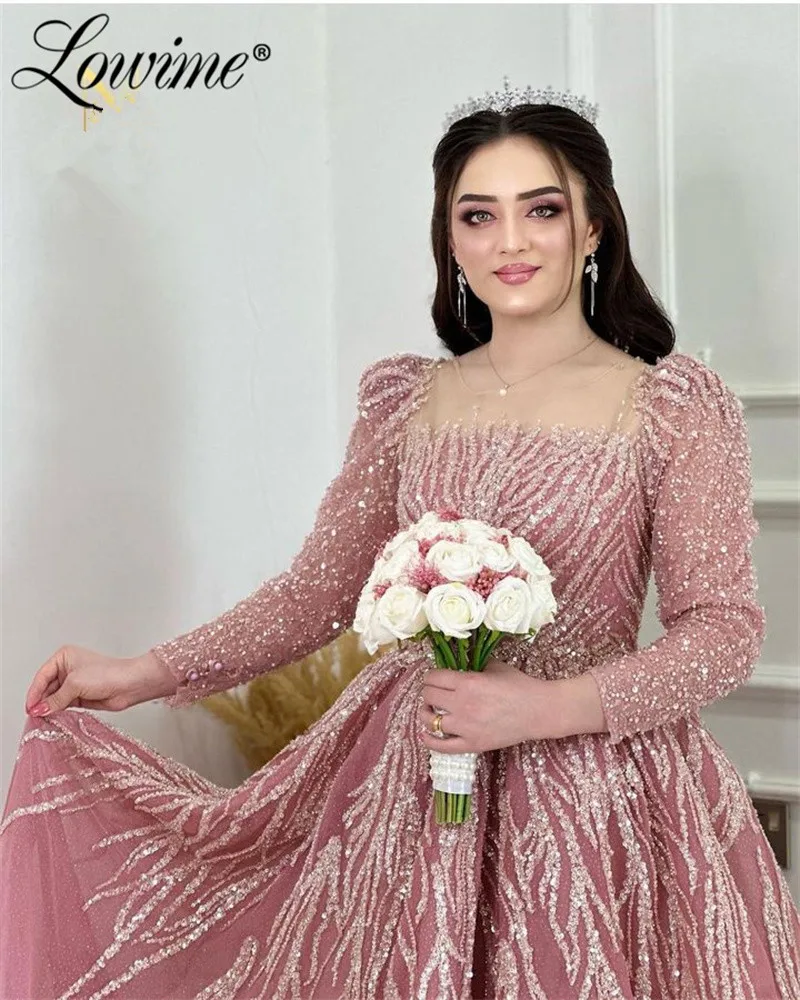 Abendkleider Turkish Evening Gown Formal Pink Long Sleeves Muslim Wedding Dress Plus Size Arabic Dubai Sequined Beads Prom Dress