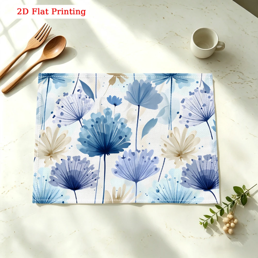 Blue Floral Print Kitchen Placemat Blue Floral Print Linen Pad Dish Coffee Cup Table Mat 1PC 30x40cm