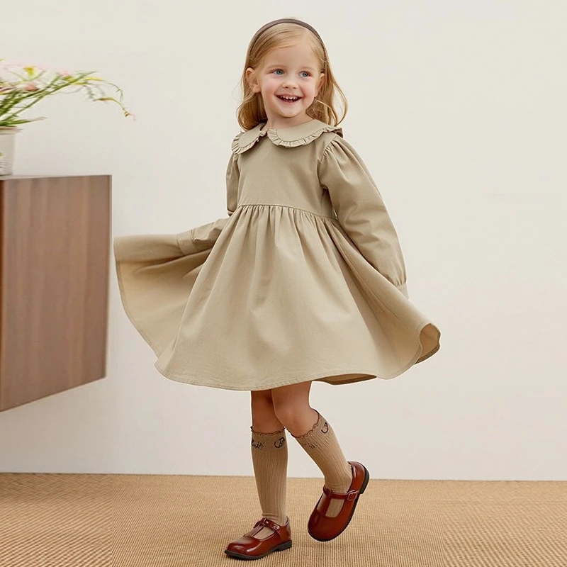 

Осеннее платье трапециевидной формы с длинными рукавами в британском стиле в стиле ретро, 100% хлопок, свободные платья трапециевидной формы с воротником Питера Пэна и рюшами, детская одежда