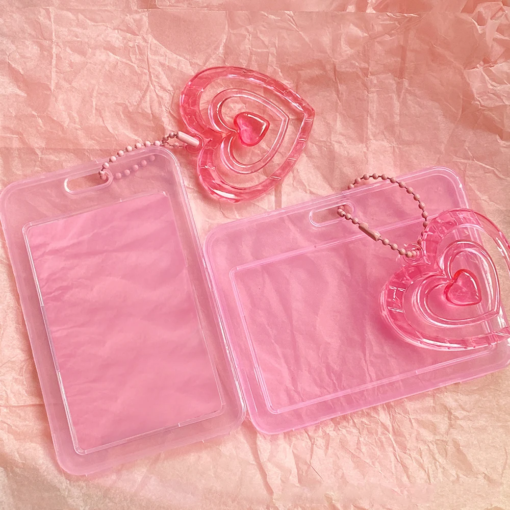 Transparent Pink Card Protection Case Three Inch Plastic Card Case Stationery Fashion Card Holder Card Sleeve INS Keychain