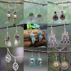 Boho Dangle Earrings for Women Ethnic Retro Pendant Ear Hook Vintage Selenite Turquoise Drop Earrings Beach Party Jewelry Gift