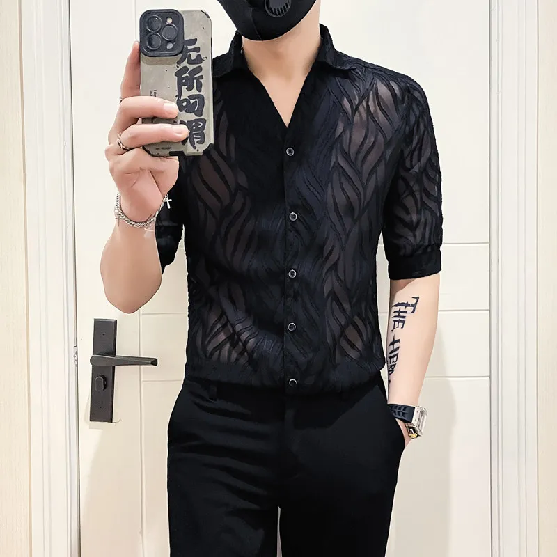 2026 Sexy Mesh Hollowed Out Half Sleeved Shirt for Men Slim Fit Casual Social Shirts Nightclub Stage Performance Men's Clothing