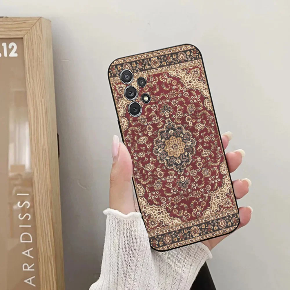 Persian Carpet Floral Pattern Phone Case for Samsung Galaxy A13,A21s,A22,A31,A32,A52,A53,A71,A80,A91, Soft Black Cover