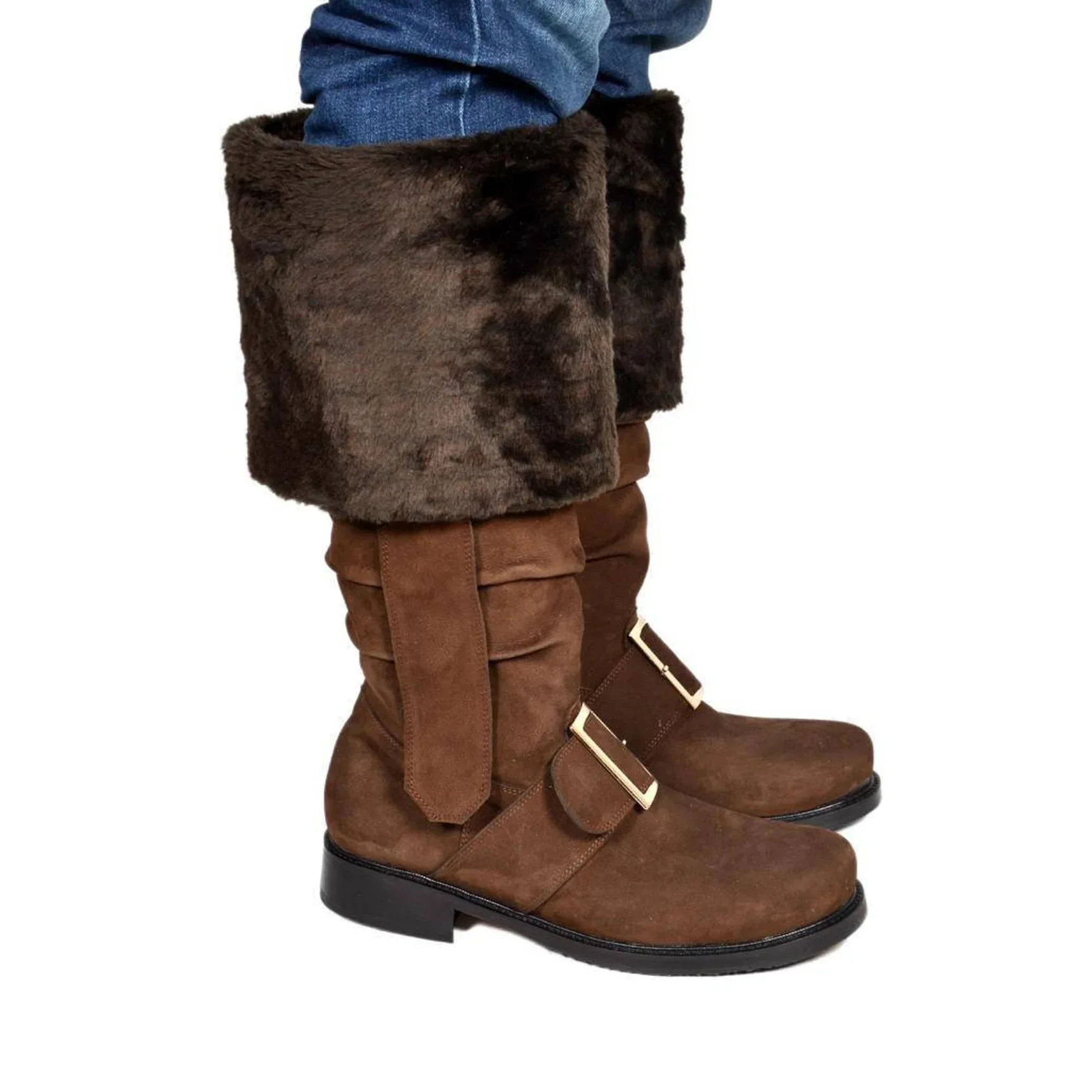 Mittelalterliche Vintage-Weihnachtsmann-Stiefel, Herren-Kampfstiefel mit weißen Plüschmanschetten, Fußglocke und Schnalle für Weihnachtsfeier, Cosplay-Stiefel – Detail 14