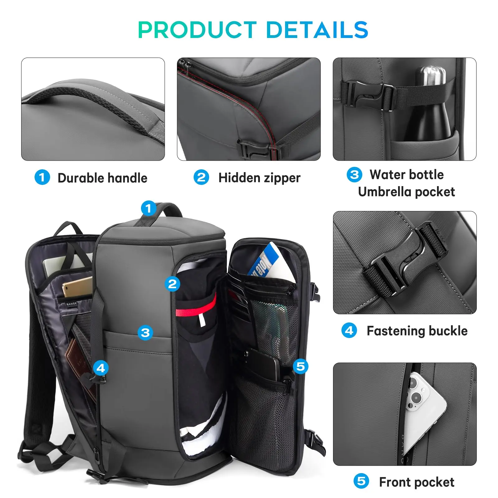 حقيبة ظهر جديدة للسفر للرجال من Bange، حقيبة ظهر مقاومة للماء ذات سعة كبيرة للمشي لمسافات طويلة والتخييم، حقيبة ظهر تحمل مع حجرة للأحذية #4