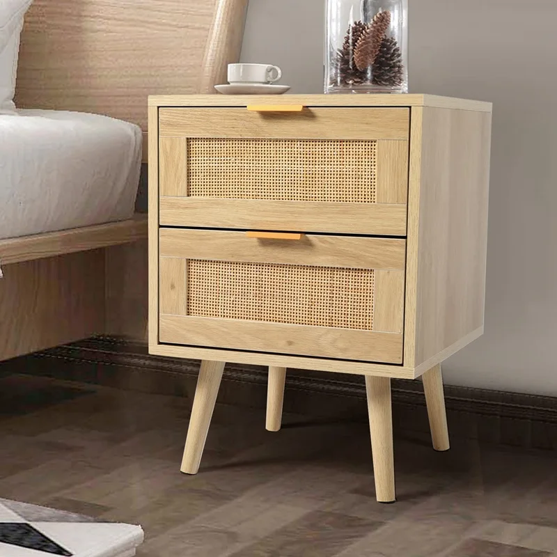 #Wholesale Bedroom Furniture Rustic Farmhouse Natural Wood Storage Chest Rattan Drawers Nightstand