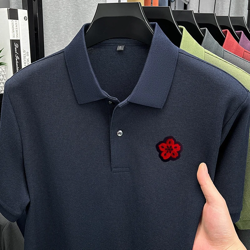 100% Cotton Fashion Men Short-Sleeved Polo Shirt Lapel Button Solid Color Flower Embroidery Trendy Casual Hot-Selling Men's Wear
