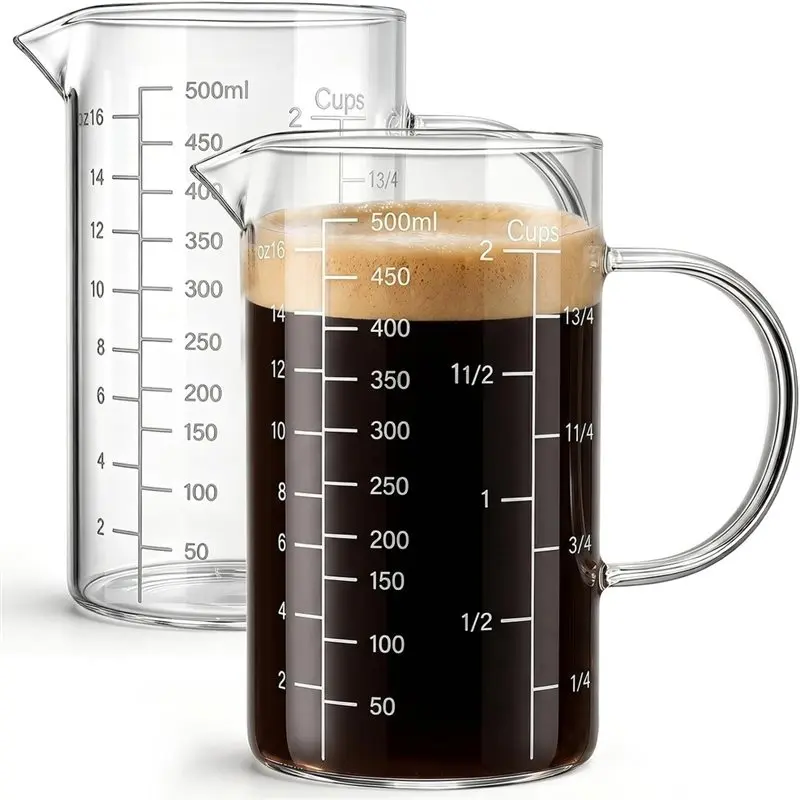 PHFU-Glass Liquid Measuring Cup 2 Pack 500ML 2 CUP With Handle,High Borosilicate Glass Beaker Three Scales