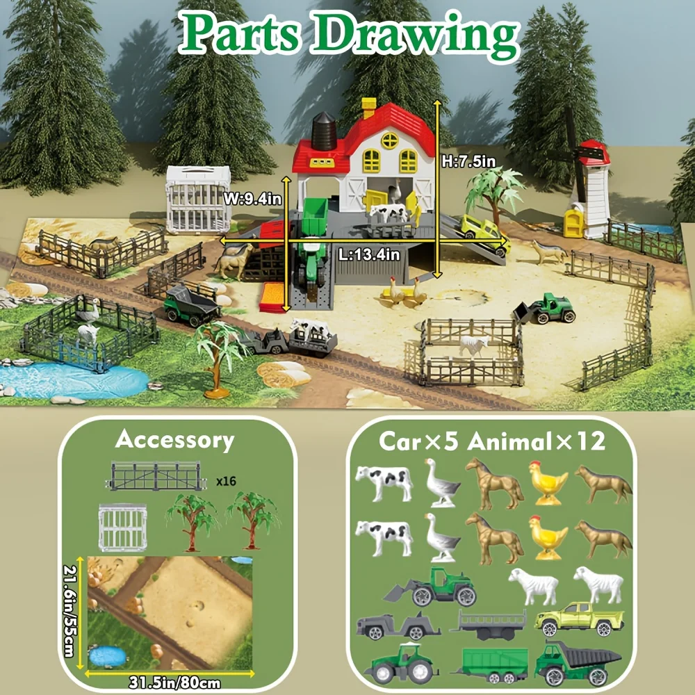 Farm Animals Toys for Toddlers Barn Farm Playset with Animals Figures Tractor for Kids Educational Learning Toys Christmas Gifts