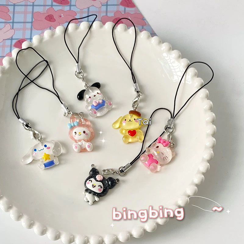 Sanrio Hellokitty Purin Mobile Phone Pendant Mymelody Pachacco Kuromi Cinnamoroll Bag Keychains Couple Pendant Rope Accessories