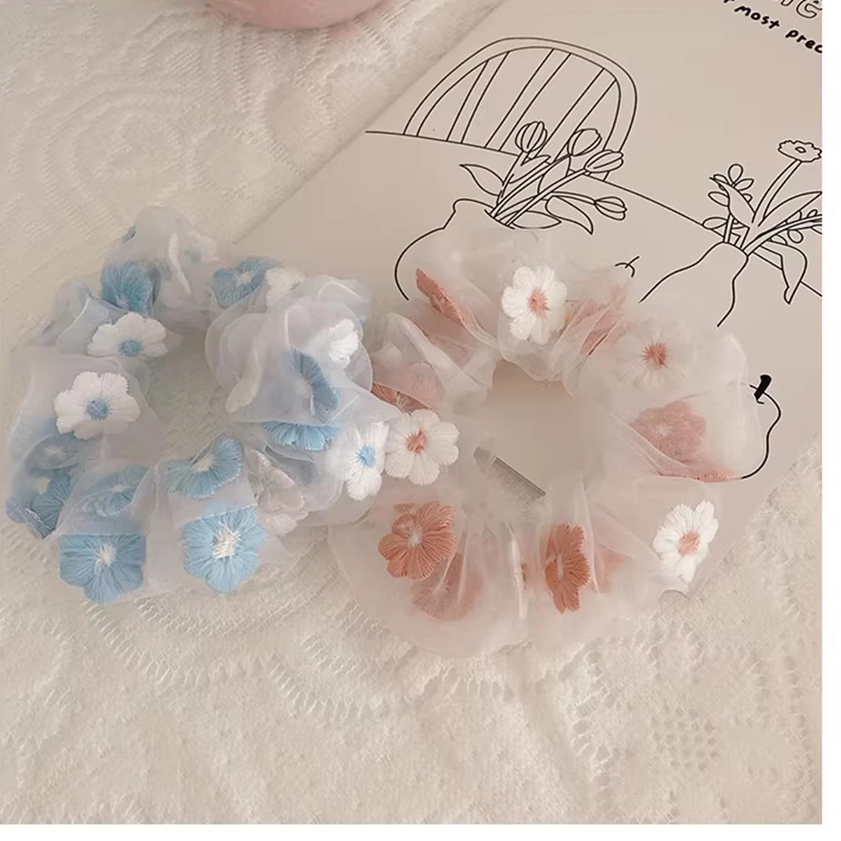 2Pcs Floral Organza Hair Scrunchies for Women, Cute Embroidered Flower Hair Ties, Sheer Hair Accessories for Daily and Sweet Hair Styling view 5