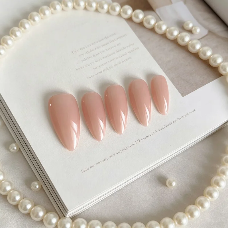 10PCS Natural Skin Tone Handmade Press on Nails Almond Elegant Fake Nails Ladies Wear Design Reusable Dating Manicure Nail Girls