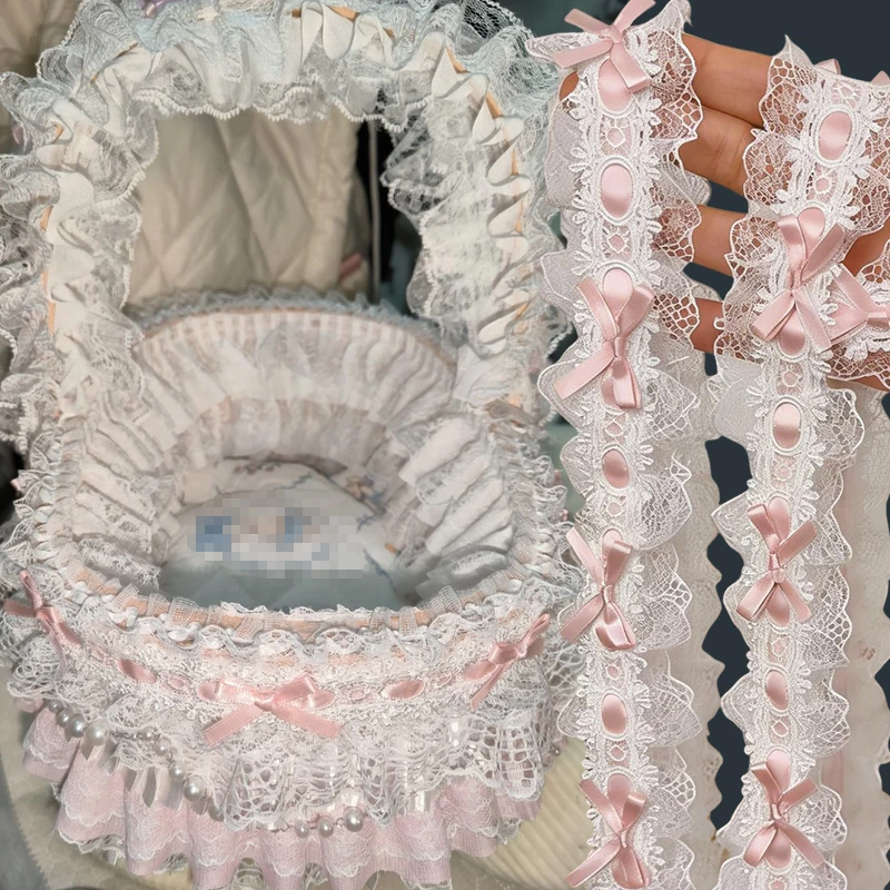 4.5M Lace Fabric Bow Pleat Lolita with DIY Wearing Ribbon Lace Accessories Clothing for Sewing Wedding Decoration