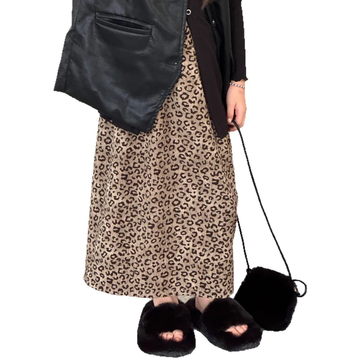 الفتيات الخريف والشتاء نمط جديد ليوبارد طباعة تنورة المخملية العمودي مستقيم أنبوب تنورة طويلة #6