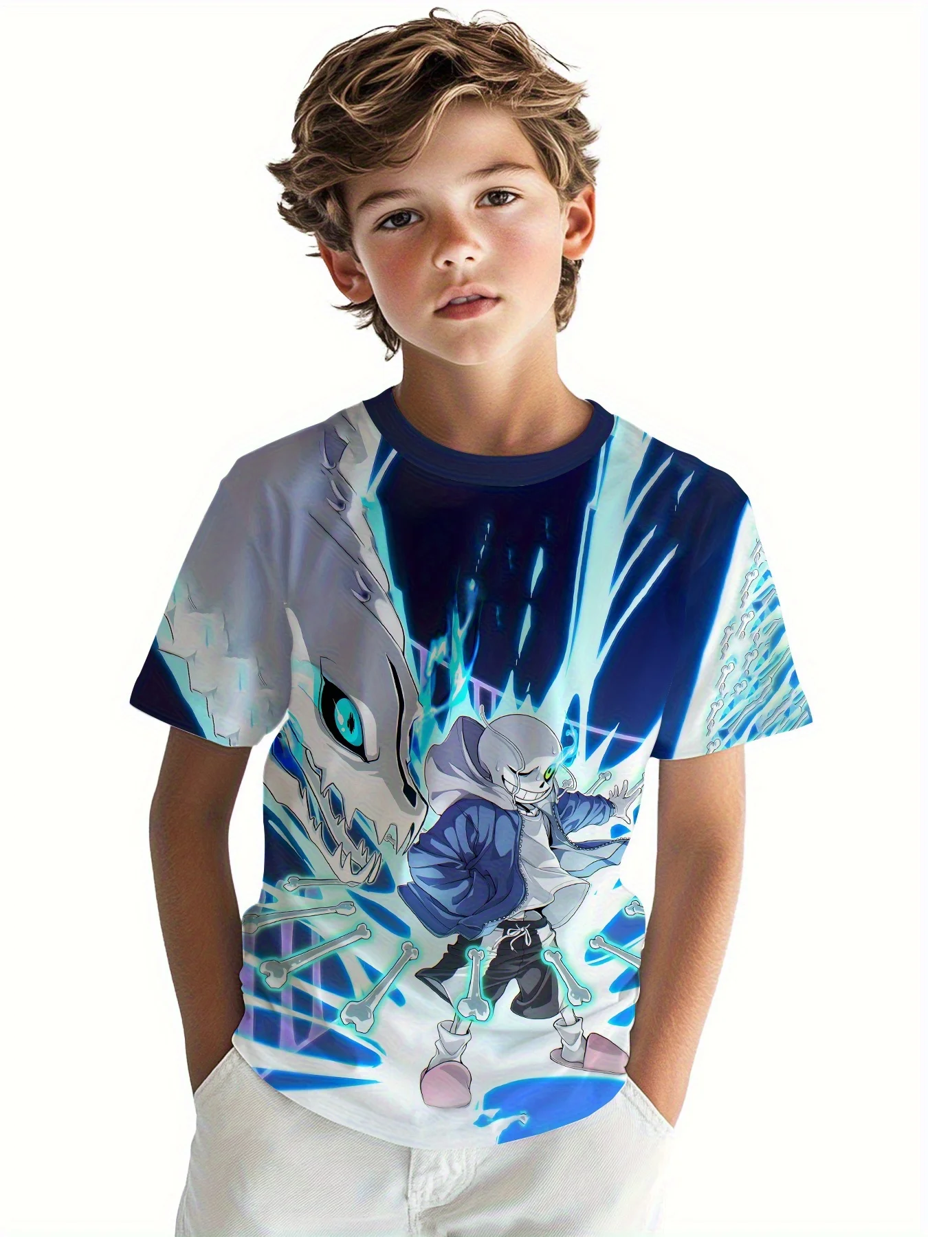 

Boy Game Character 3D Printed T-shirt - Blue and White Anime Pattern T-shirt, Short Sleeve Casual Top, Perfect Gift for Children
