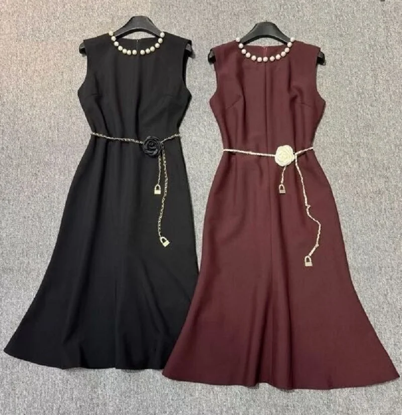 Top Quality New Winter Dress 2025 Fashion Style Women Hand Made Beading Flower Belt Deco Sleeveless Midi Bodycon Mermaid Dress