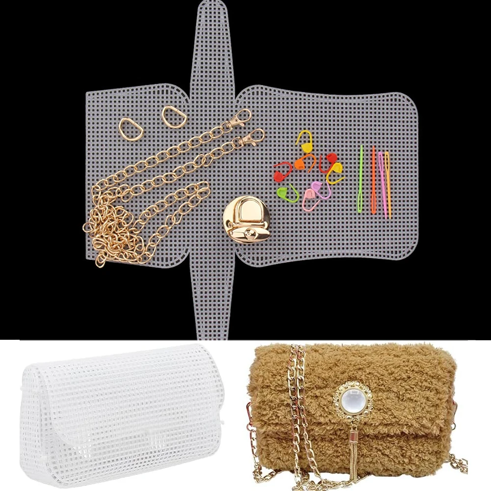 1Set Plastic Mesh Cloth DIY Handcraft Bags Weaving Material Sheet Bag Grid Hook Metal Chain Buckle Knitting Crochet Accessories