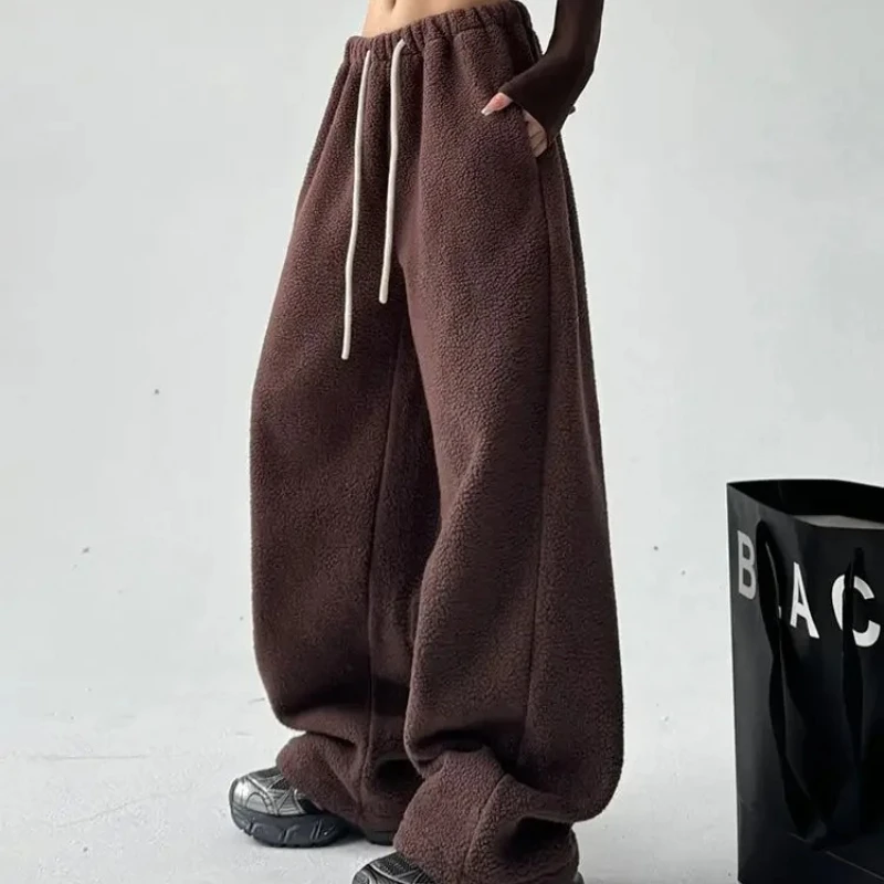 Faux Lambswool Warm Wide-Leg Pants Women Winter Thickening Loose Casual Sports Long Pants  Chic Thick Drawstring Joggers New