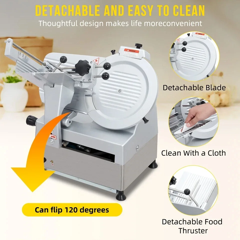 12 Inch Electric Food Slicer Fully Automatic 180W/370W Power Stainless Steel Blade Adjustable Thickness 0-7mm Slicing Fresh Meat