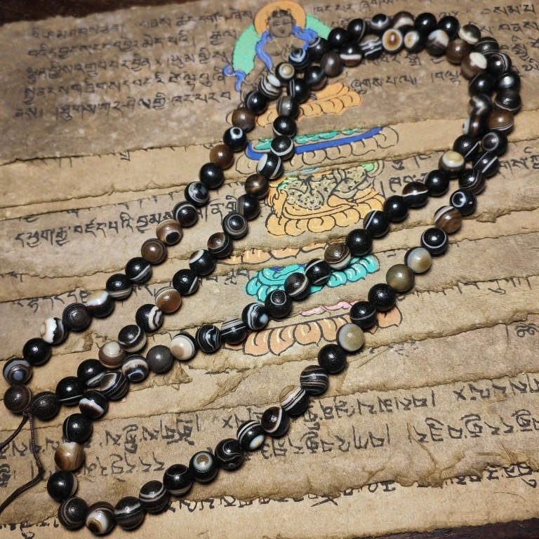 Silk-wrapped shale Tianyan stone dzi beads agate round beads necklace pendant with pendant 108 beads, Buddha rosary beads 10mm